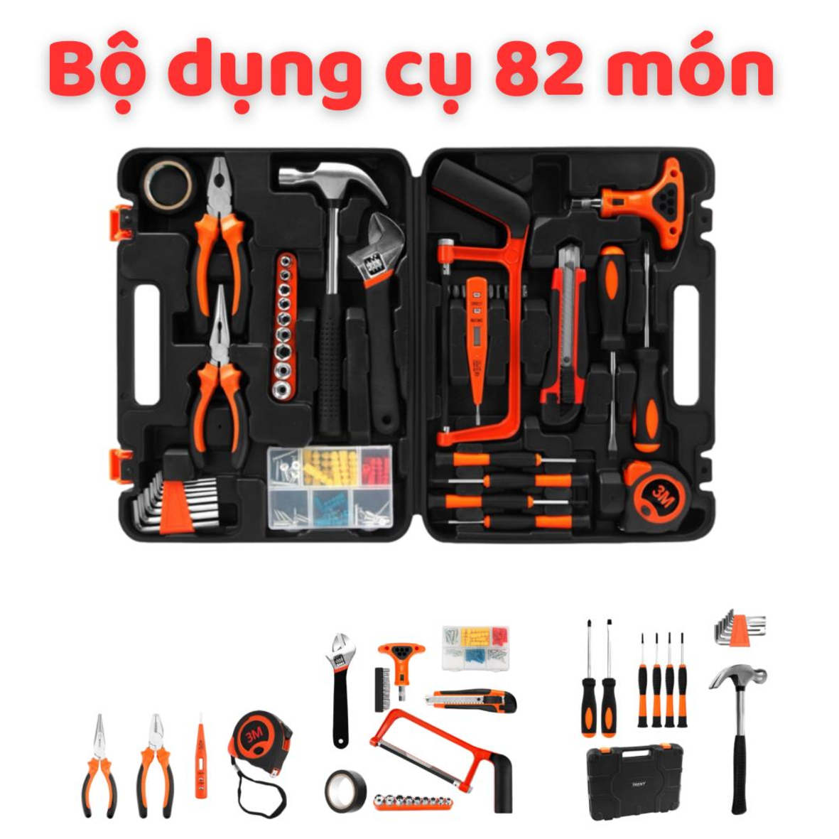 Bộ dụng cụ sửa chửa 82 món, đầy đủ công dụng cụ, phù hợp cho gia đình và văn phòng, phối màu đen cam sang trọng - Hộp dụng cụ 82 món