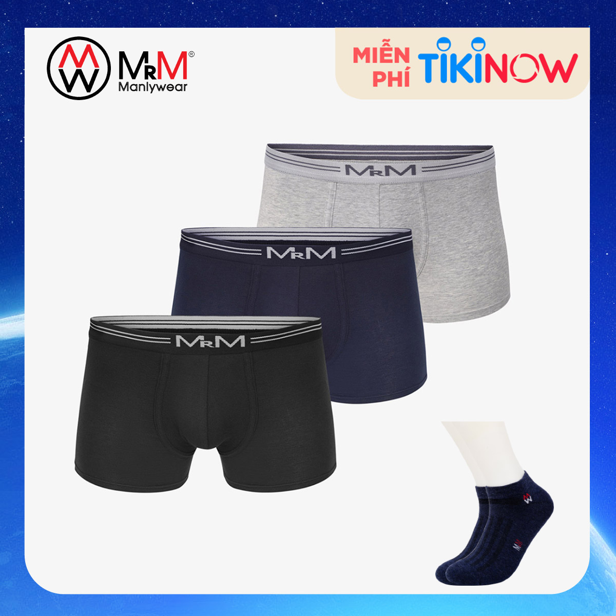 Hình ảnh Combo 3 quần lót nam Boxer sợi Organic mềm mịn thoáng mát co giãn 4 chiều MRM Manlywear ( TẶNG Đôi Tất Nam Cao Cấp Giao Ngẫu Nhiên)