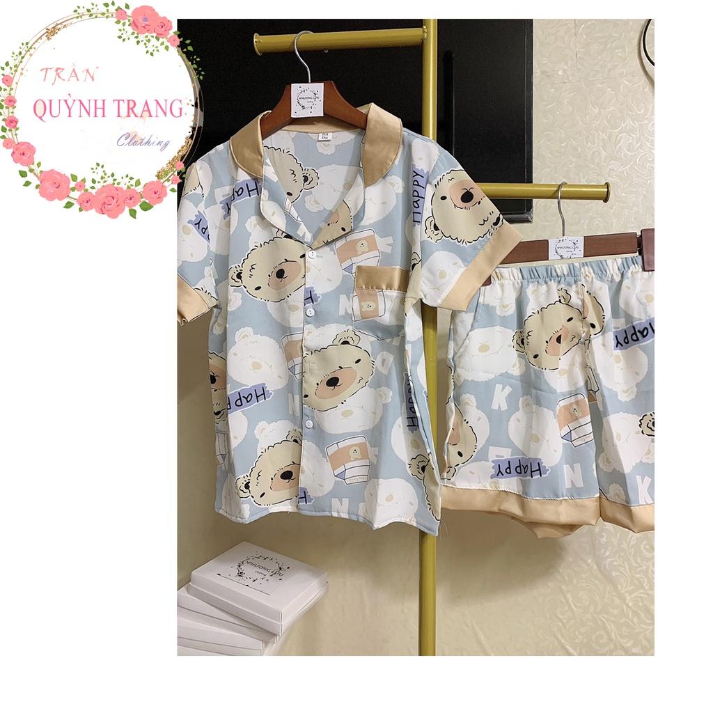 Bộ Pijama Lụa Satin Phối Hàn họa tiết gấu đáng yêu - Bộ Mặc Nhà Cộc sang xịn Mềm Mát Thoải Mái