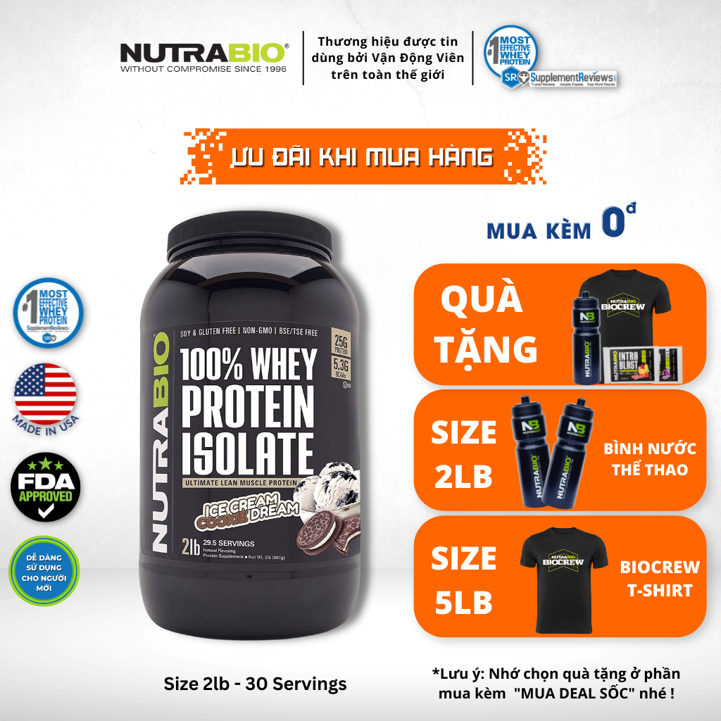 [30 lần dùng] NutraBio Ultimate Muscle Lean Whey Protein 100% - Sử dụng công nghệ lọc CFM tinh khiết - Chứng nhận Kosher, cGMP - Dành cho thể thao