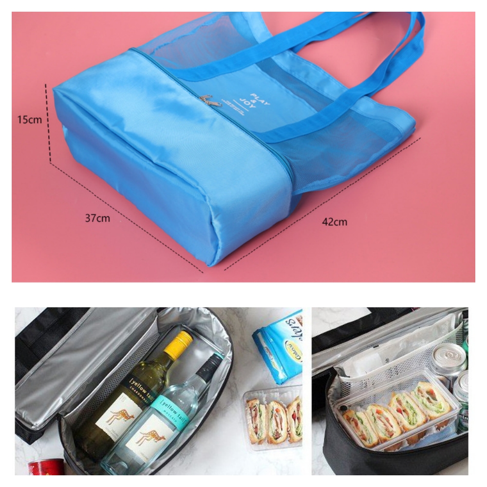 Giỏ túi 2 tầng cách nhiệt, túi lưới đeo vai đi biển dã ngoại picnic tiện dụng- Hàng chính hãng