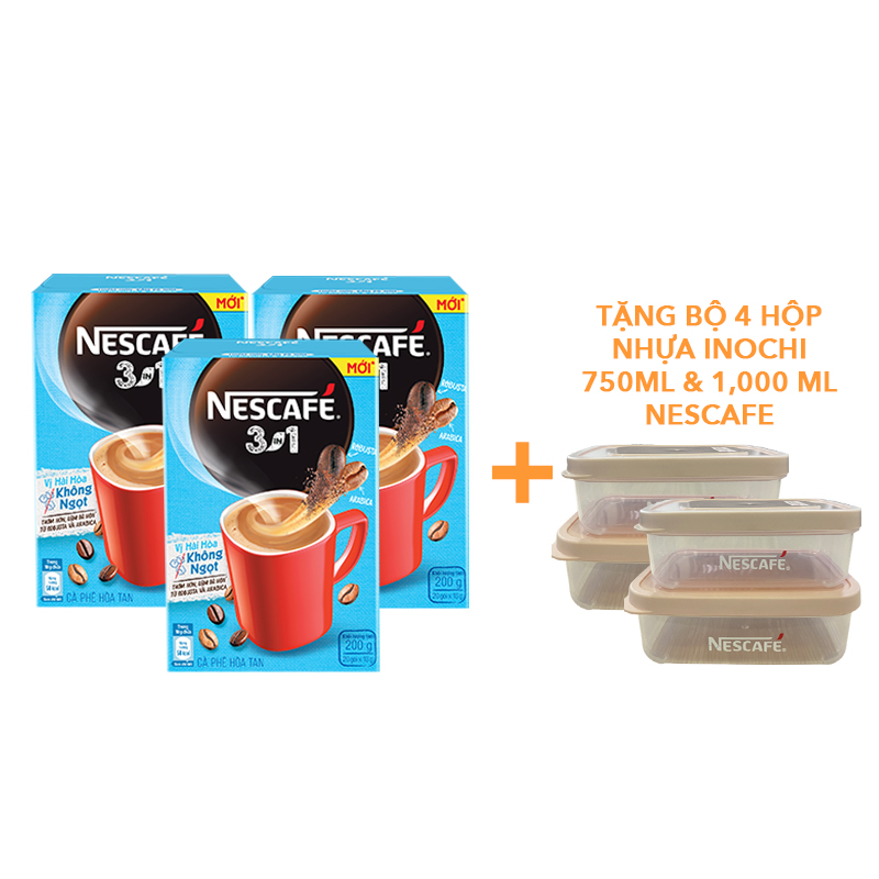 Cà phê hoà tan NESCAFÉ 3IN1 VỊ HÀI HOÀ KHÔNG NGỌT - công thức cải tiến - COMBO 3 hộp x 20 gói - [TẶNG 4 HỘP NHỰA INOCHI 750ml &amp; 1000ml]