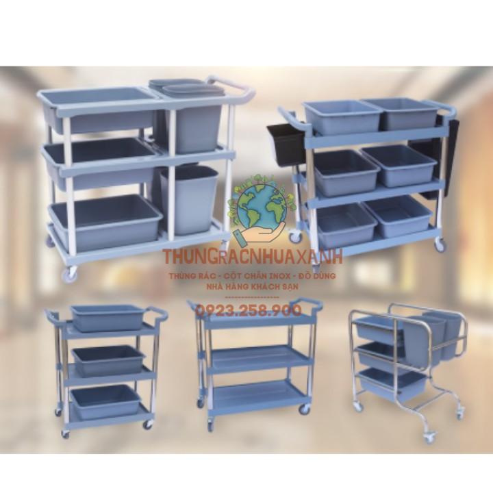 XE ĐẨY NHÀ HÀNG 3 TẦNG - XE ĐẨY THU GOM CHÉN DĨA CHẤT LIỆU NHỰA