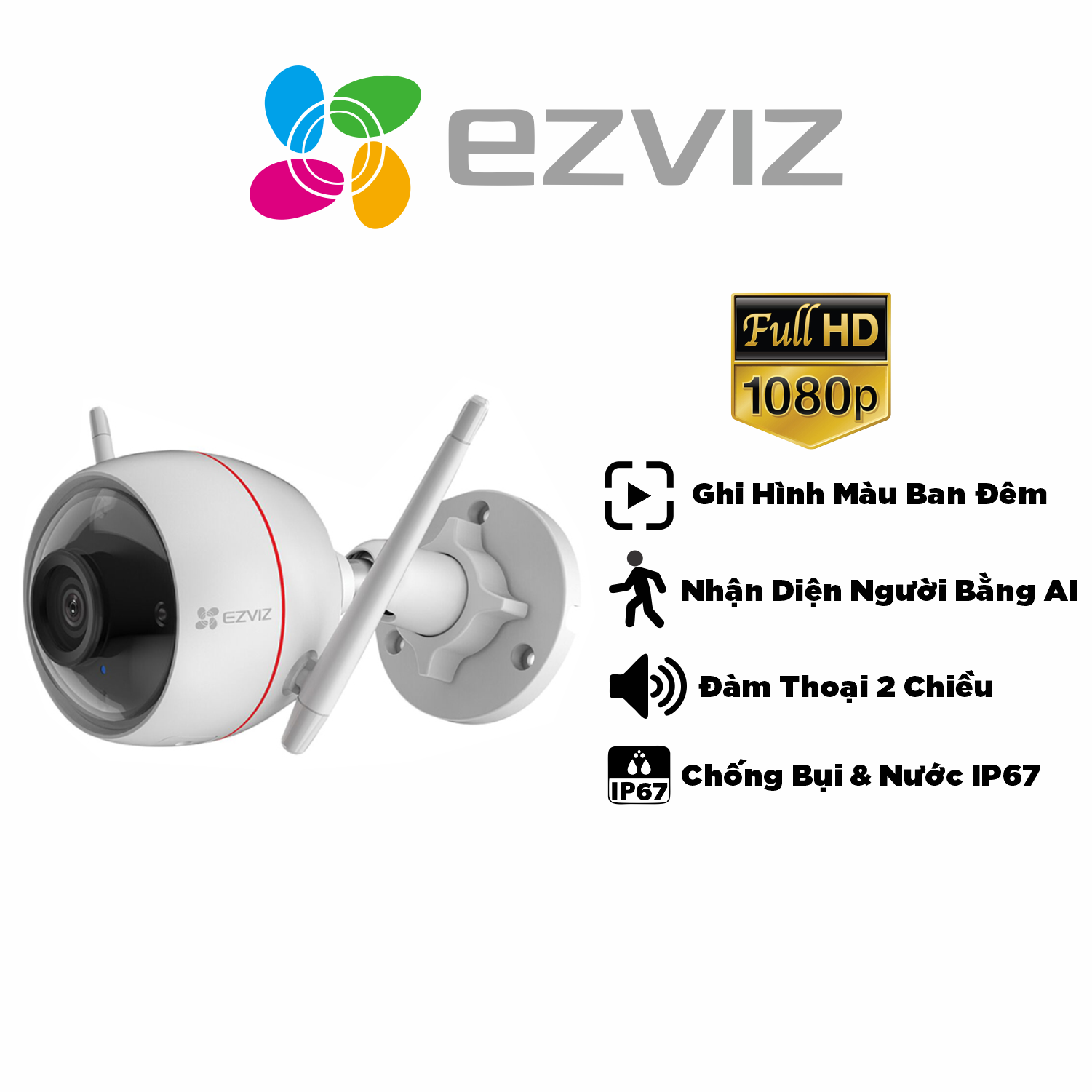 Camera EZVIZ C3W PRO 2MP, WIFI, Chống Nước IP67, Ghi Hình Màu Ban Đêm, Âm Thanh 2 Chiều, Đèn và Còi Báo Động - Hàng Chính Hãng