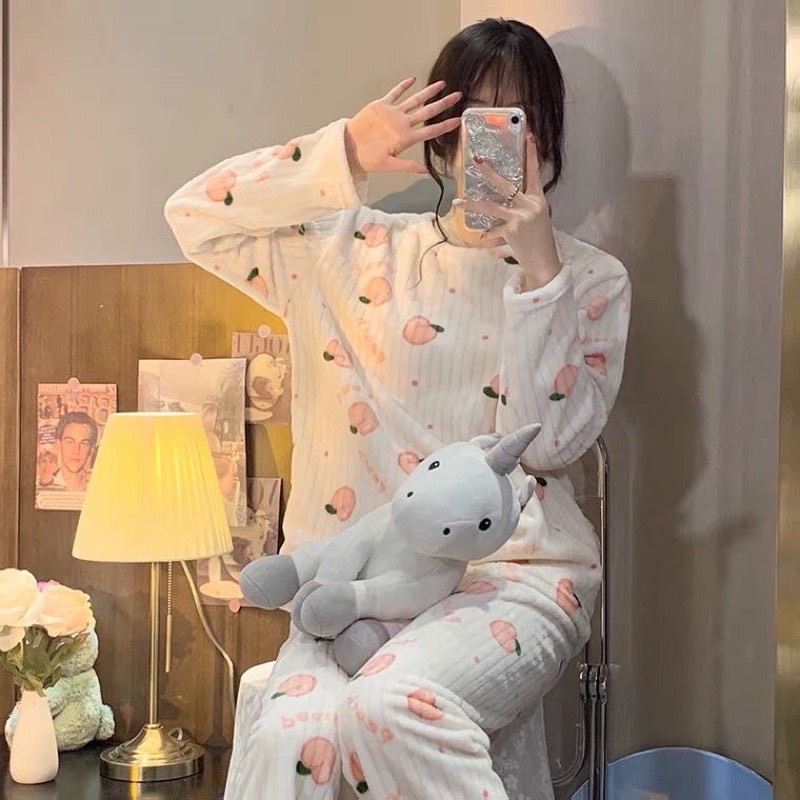 [ Hot loại 1 ] Bộ mặc nhà nỉ lông  hoạ tiết trái đào mềm siêu ấm áp, bộ ngủ lông cừu mẫu mới 2022