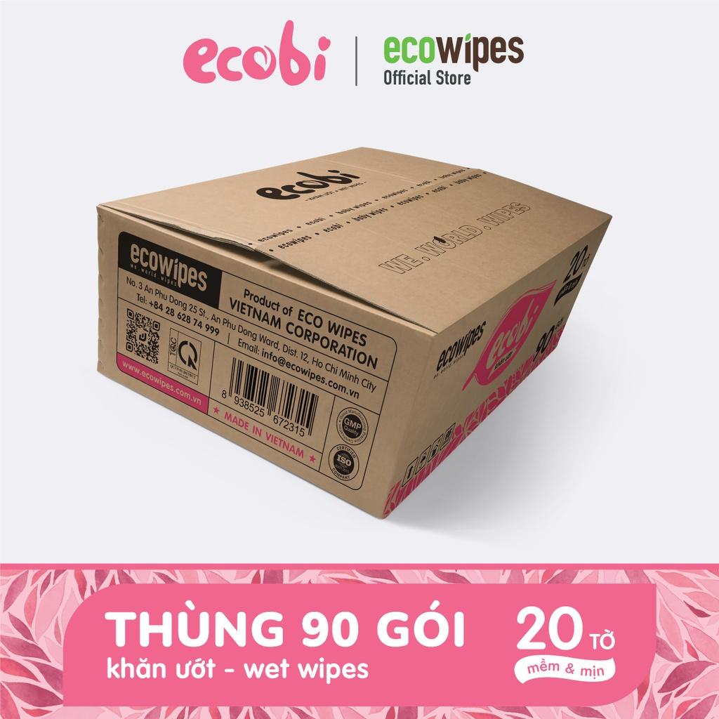 Thùng 90 gói khăn giấy ướt cho bé Ecobi gói 20 tờ Hương Dịu Nhẹ không cồn không paraben an toàn cho da của bé