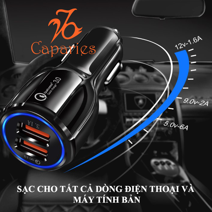 Củ Sạc Xe Hơi 2 cổng USB Quick Charge 3.0 Siêu Bền, Chống Nóng, Sạc Nhanh 3.0 - Chính Hãng CAPARIES VIỆT NAM