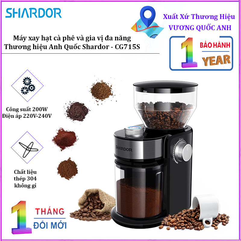 Máy xay cà phê cao cấp nhãn hiệu Shardor CG835 công suất 150W, dung tích ngăn chứa hạt 240g - Hàng Nhập Khẩu