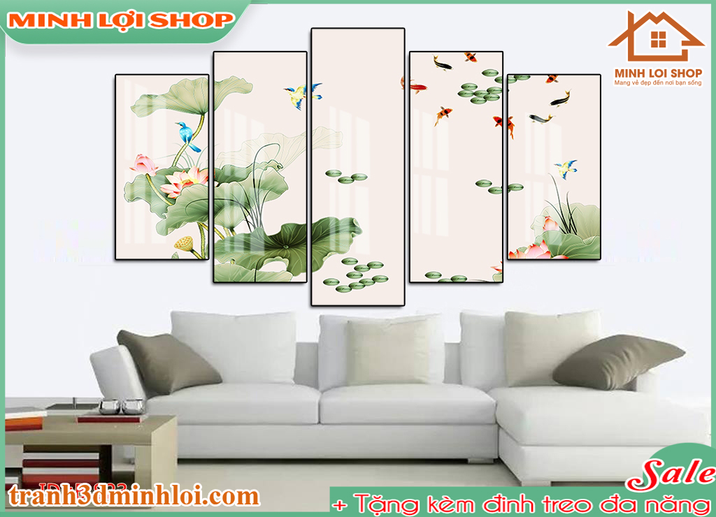 Tranh tráng gương pha lê CỬU NGƯ QUẦN HỘI 5 tấm trang trí phòng khách hiện đại TẶNG KÈM ĐINH TREO CNQH5T005