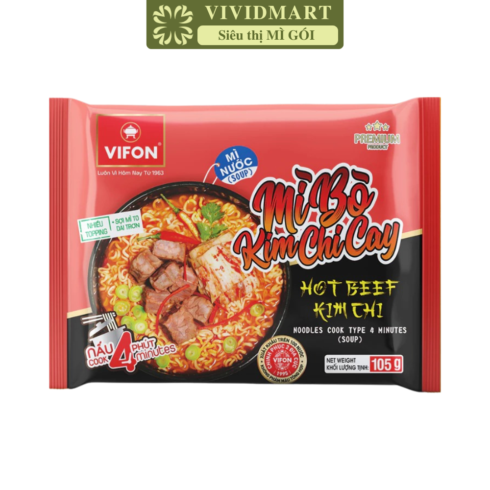 VIFON - Mì Vifon nấu 4 phút hương vị Bò kim chi cay, Mì Bò kim chi cay Vifon nấu, Mì nấu Vifon (105g/gói)