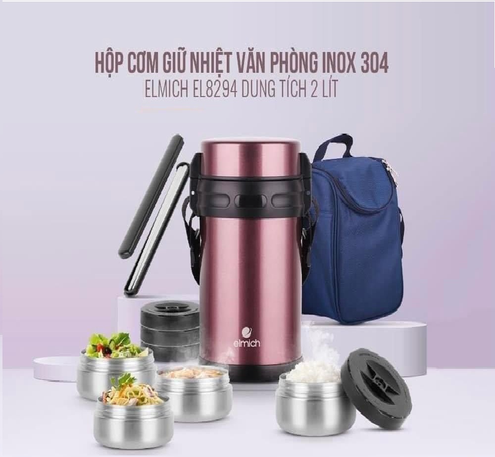 Hộp Cơm Giữ Nhiệt văn phòng Inox 304 EL-8294 , Dung tích 2000ml, Có Túi Đựng và Hộp Đũa Kèm Theo)