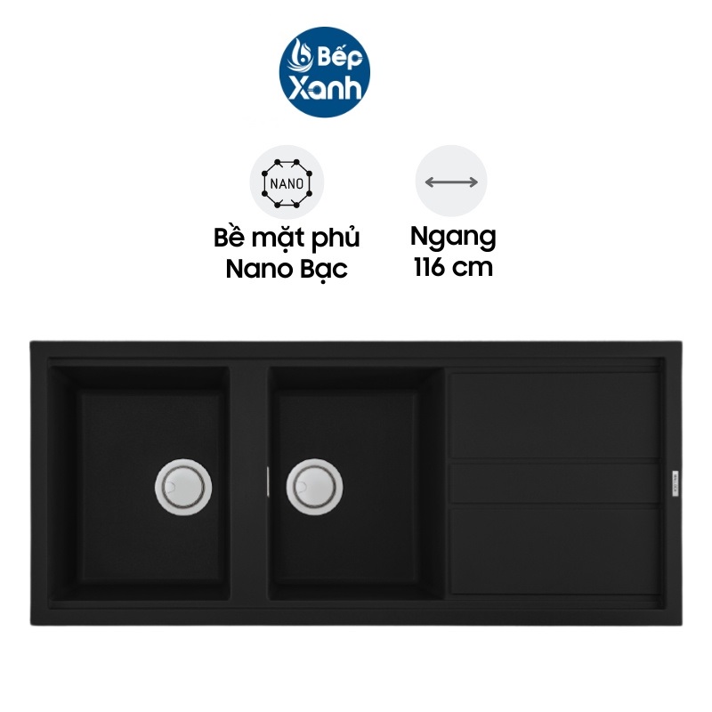 Chậu Rửa Chén Đá Malloca Nero K-50040 (Đen) - Ngang 116cm - Phủ Nano Bạc - Hàng Chính Hãng