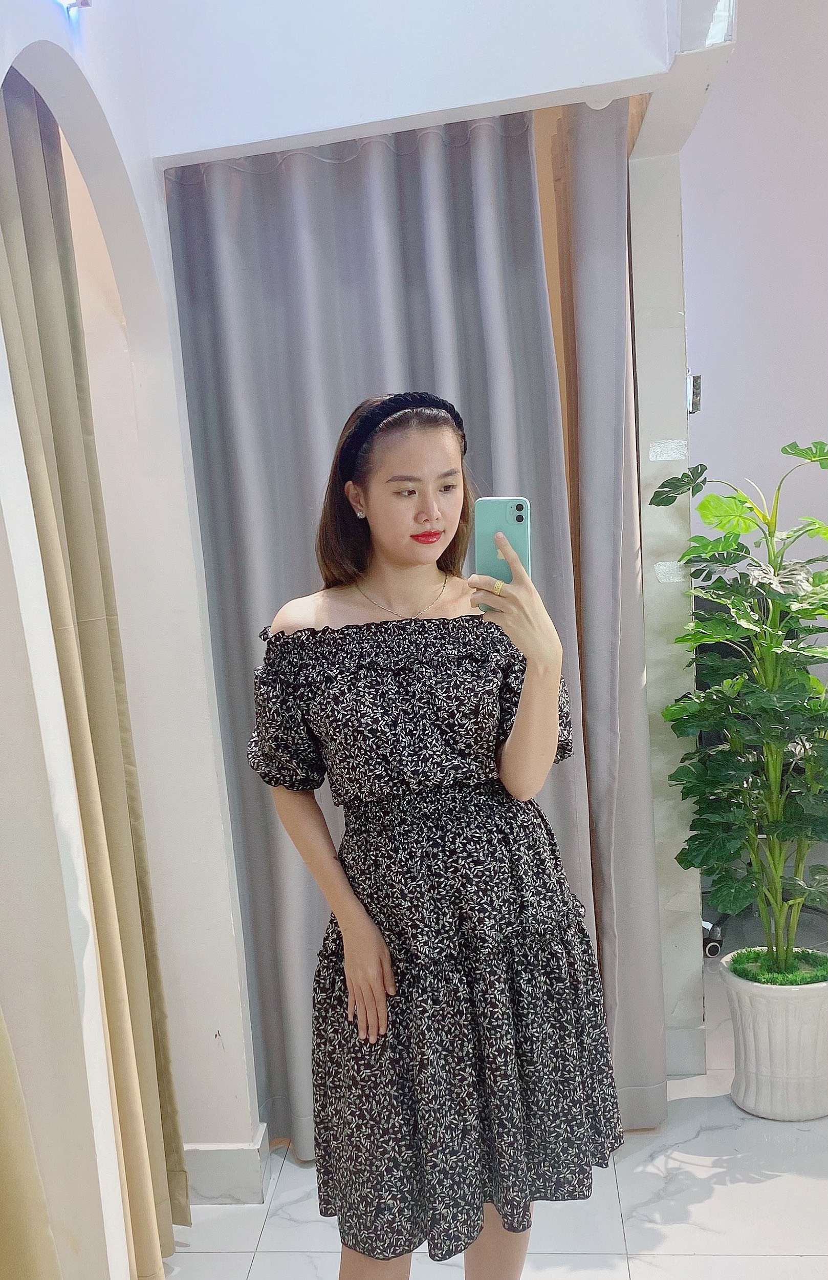 Váy nữ thời trang trễ vai tiểu thư, kiểu bẹt vai nhúng eo,bộ váy đầm dài công chúa chất bao mát không nhăn, V004