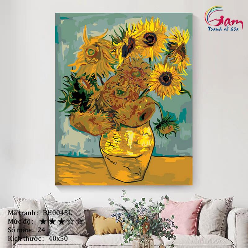 Tranh tô màu sơn dầu số hóa Mã BH0045L Hoa hướng dương Van Gogh Tranh lọ hoa trang trí treo tường làm quà tặng