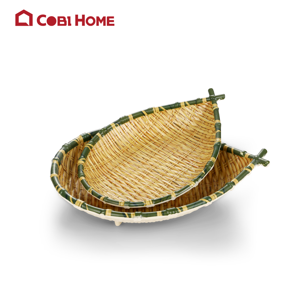 dĩa nhựa vân mây tre đan tạo hình chiếc lá bằng melamine cao cấp - 2 size