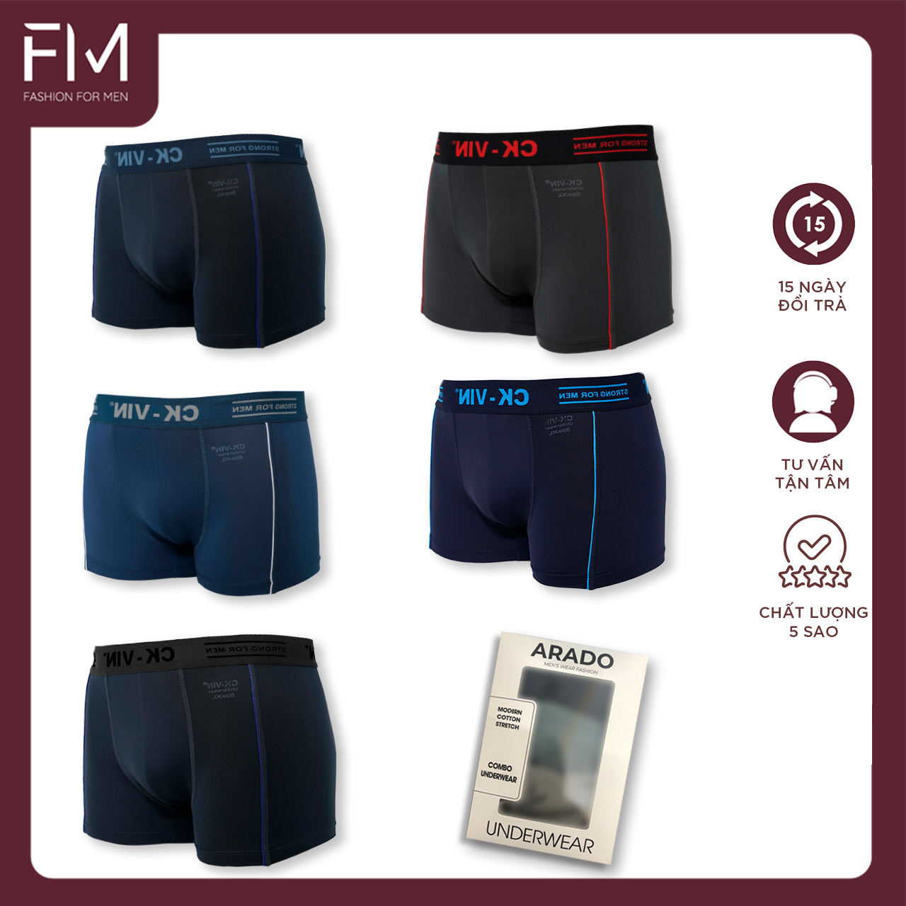 Hộp 5 quần lót boxer nam thun lạnh 4 chiều, cạp bo dệt gân cao cấp - FORMEN SHOP - FMCB5PS224