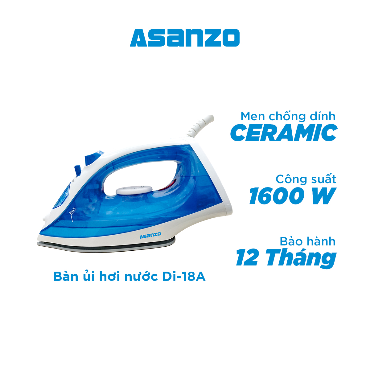 Bàn Ủi Hơi Nước 1600W Asanzo DI18A - Hàng Chính Hãng