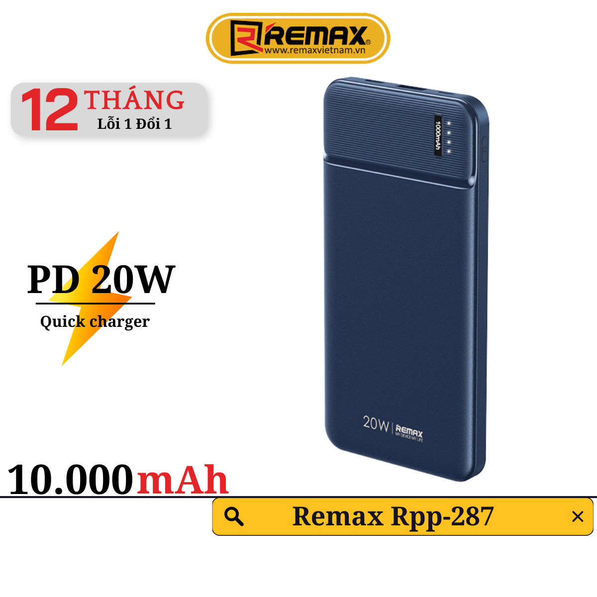 Pin sạc dự phòng 10000mAh Remax RPP-287 hỗ trợ sạc nhanh PD 20W - Hàng Chính Hãng Remax Bảo Hành 12 Tháng Lỗi 1 Đổi 1