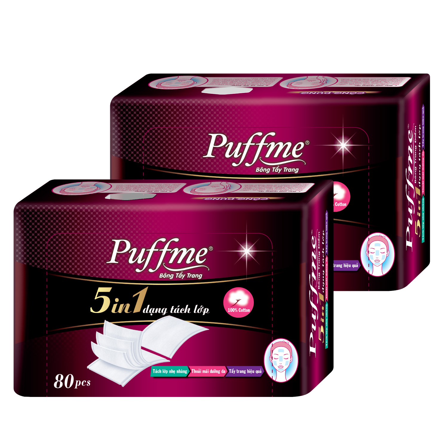 [MUA 1 HỘP TẶNG 1 HỘP} Bông Tẩy Trang Cao Cấp Puffme 5 Lớp 5IN1 80 Miếng/Hộp