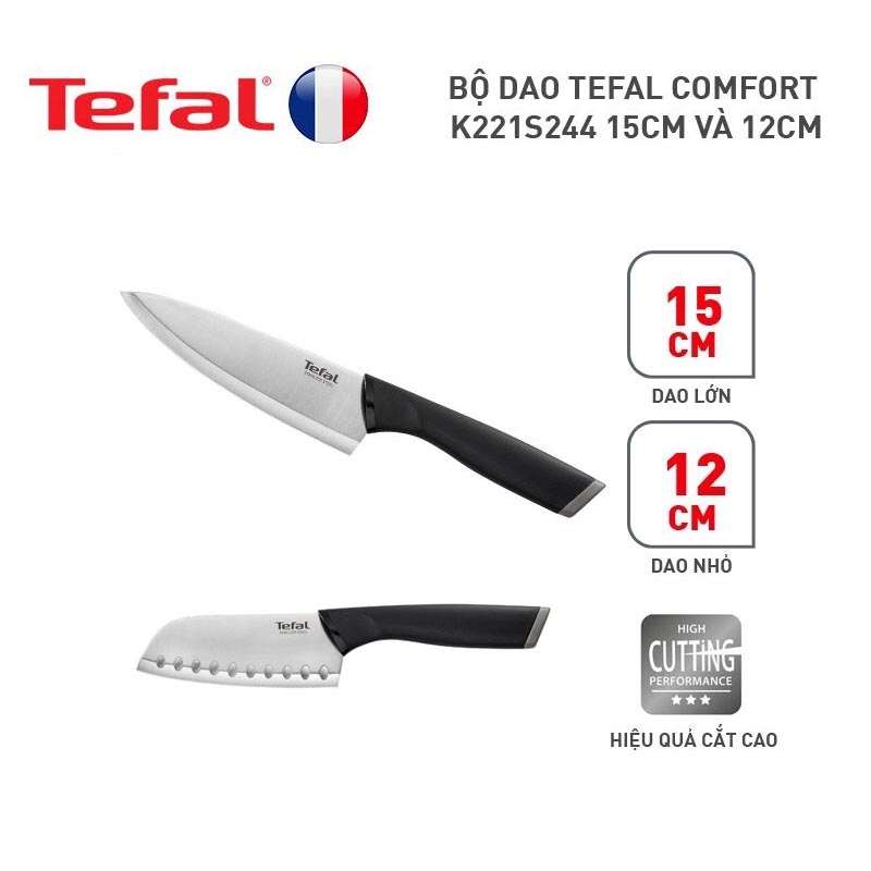 Bộ dao Tefal Comfort K221S244 15cm và 12cm - Cầm nắm thoải mái - Vỏ bảo vệ an toàn - Hàng chính hãng