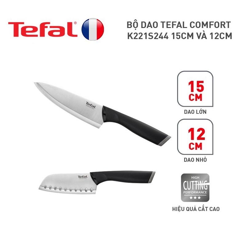 Bộ dao Tefal Comfort  K221S244 15cm và 12cm - Cầm nắm thoải mái - Vỏ bảo vệ an toàn - Hàng chính hãng