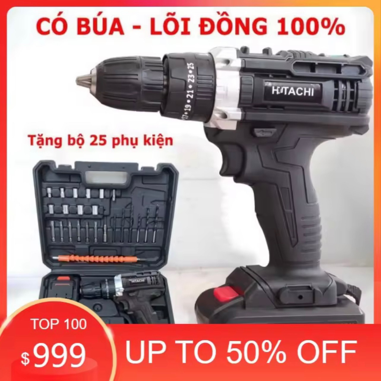 Máy Khoan Pin Hitaci 36V – 3 chức năng – Tặng Bộ Phụ Kiện 24 Chi Tiết – Máy Khoan Bắn Vít Cầm Tay