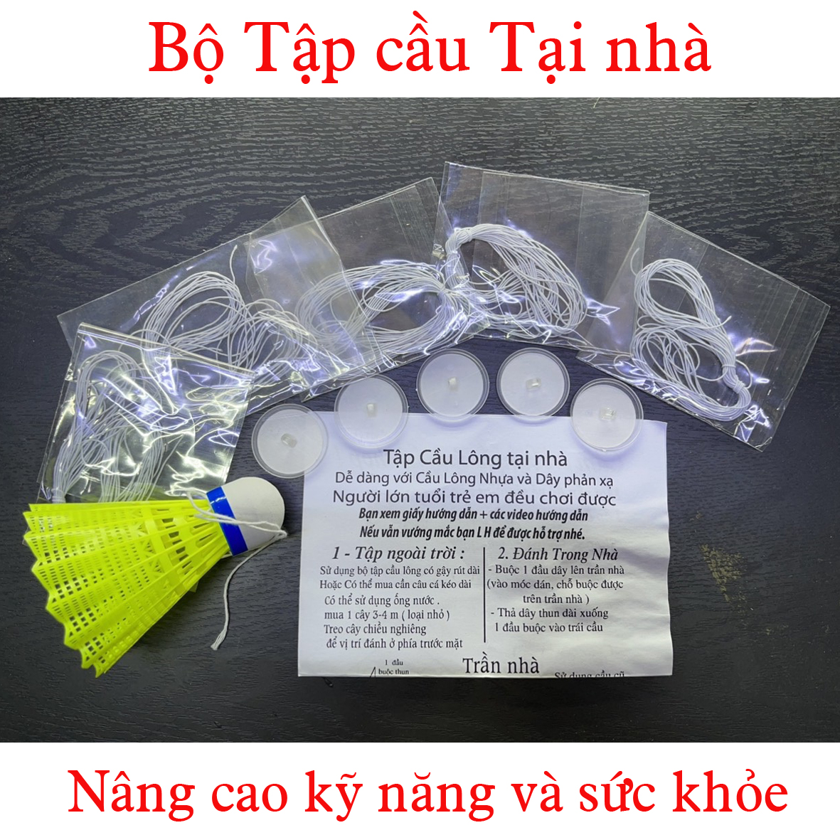 Tập Cầu lông Tại nhà ( 1 cầu + 5 dây + 5 móc dán trần) Trái cầu bay Ngược
