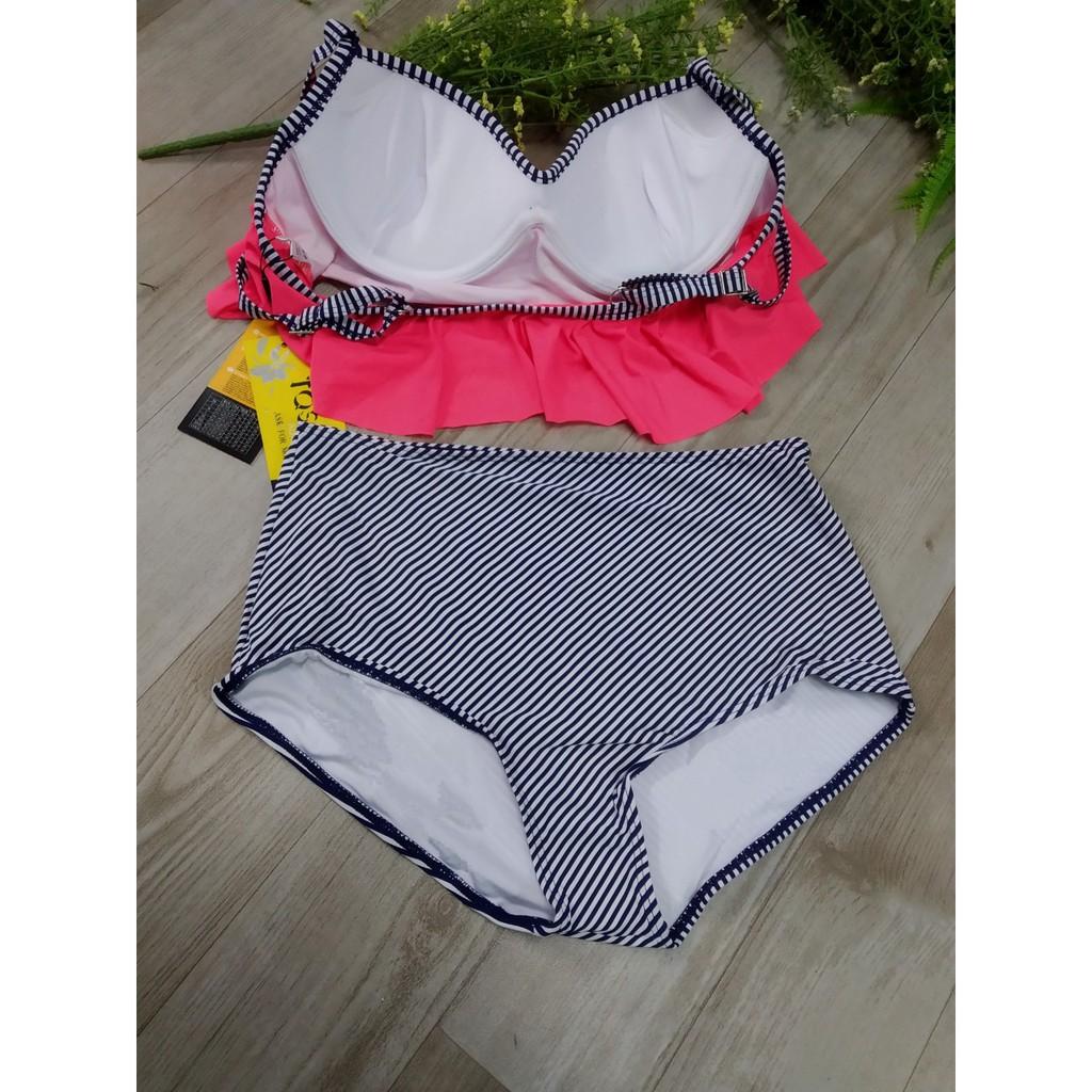 Sét đồ bơi cao cấp 2 mảnh hồng cam, quần cạp đen của Nga