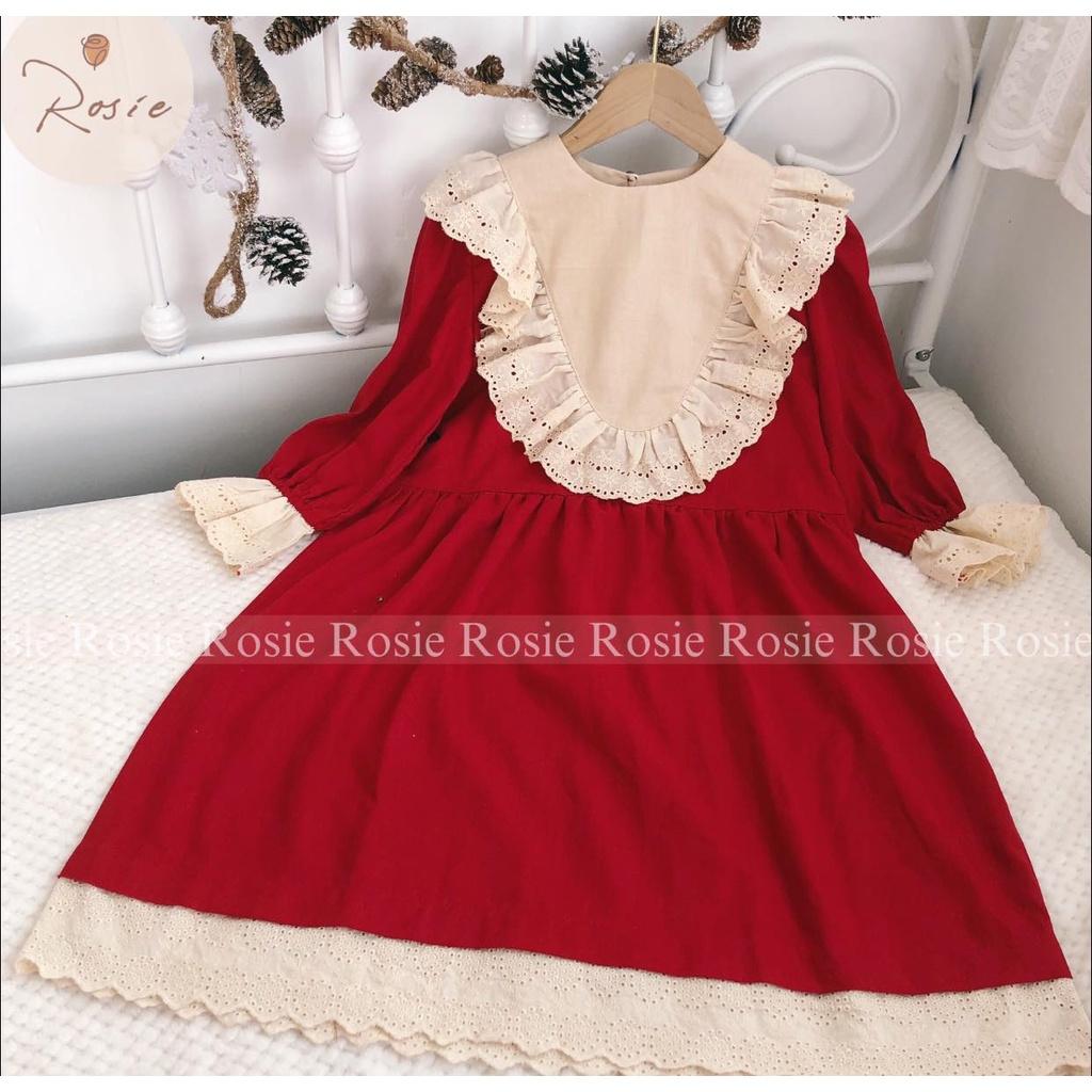 Váy đỏ cổ phối ren ROLIA chất liệu linen mặc tết cho bé gái từ 9-45kg V46