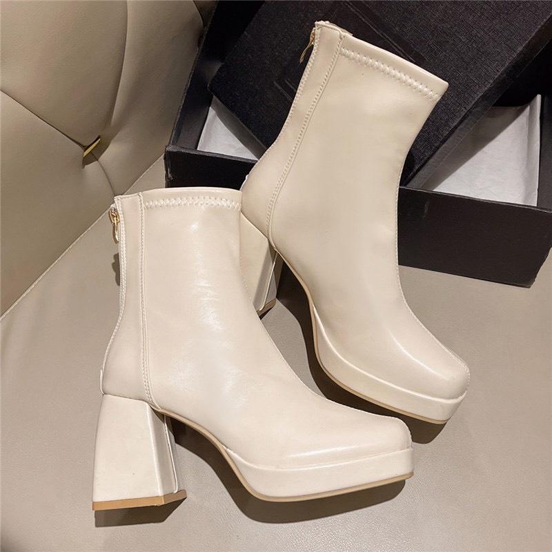 Bốt Cổ Cao Da Trơn Đế Vuông Cao 7cm B023