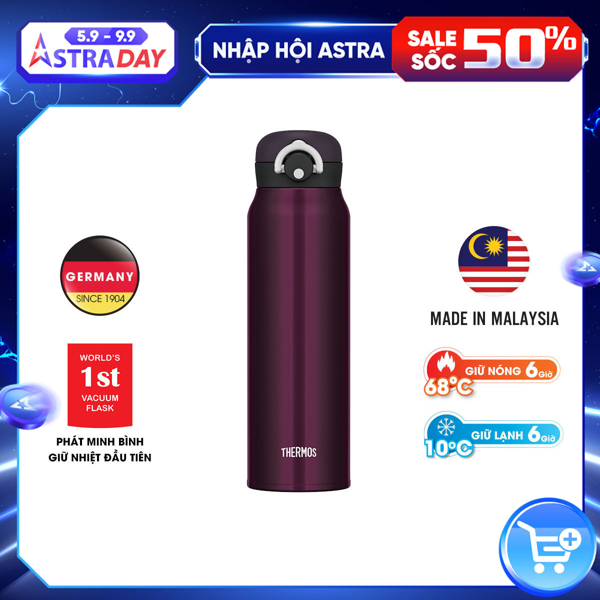 Bình giữ nhiệt Thermos nút bấm JNR-750 M-BK 750ml màu tím đen Hàng chính hãng