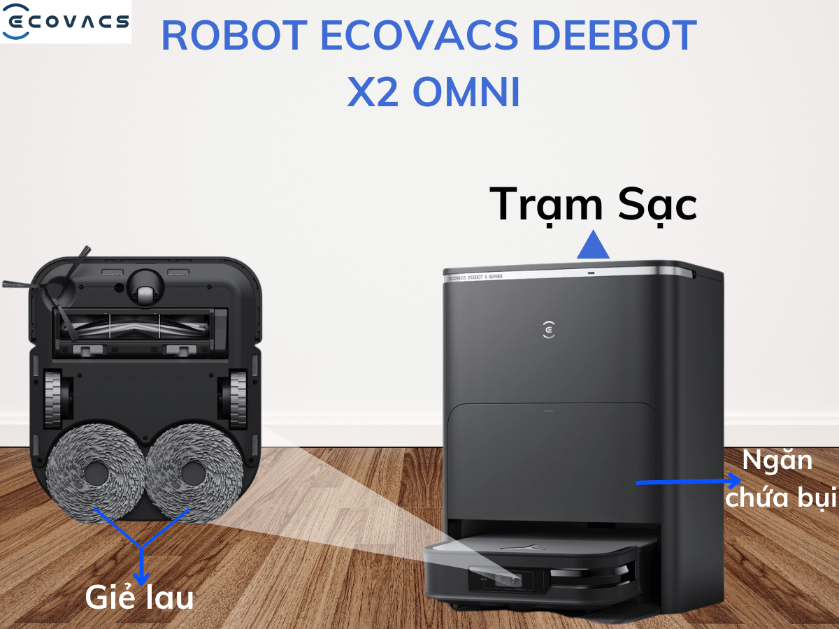 Robot Hút Bụi Lau Nhà ECOVACS X2 OMNI Kết Nối App Làm Mát Không Khí Khử Mùi, Trợ Lý Ảo YIKO, Công nghệ OZMO 2.0, Lực Hút 8000 Pa, Phù Hợp Diện Tích 250m2, Công Suất 45 W - Hàng Chính Hãng