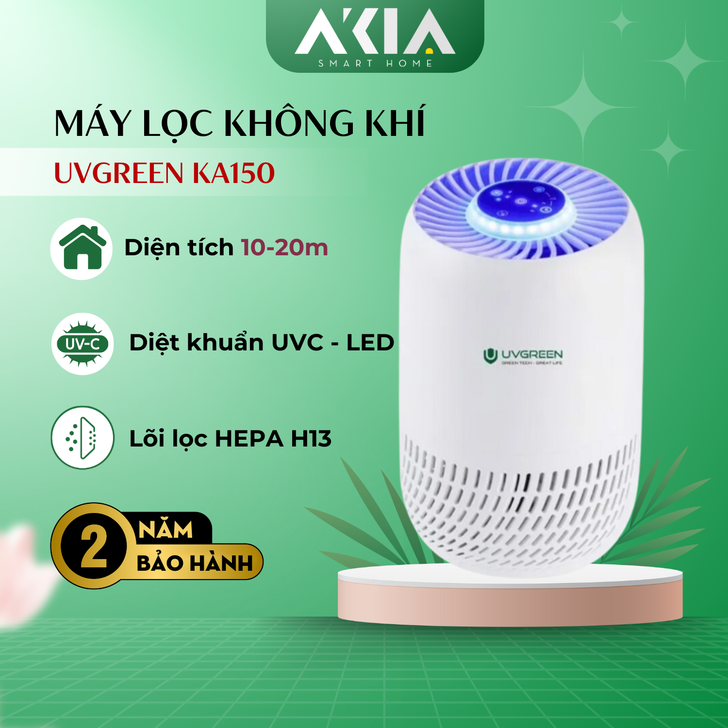 Máy lọc không khí UVGREEN KA150 15m2 - Công nghệ UVC LED hiện đại, Diệt khuẩn, Xông tinh dầu - HÀNG CHÍNH HÃNG