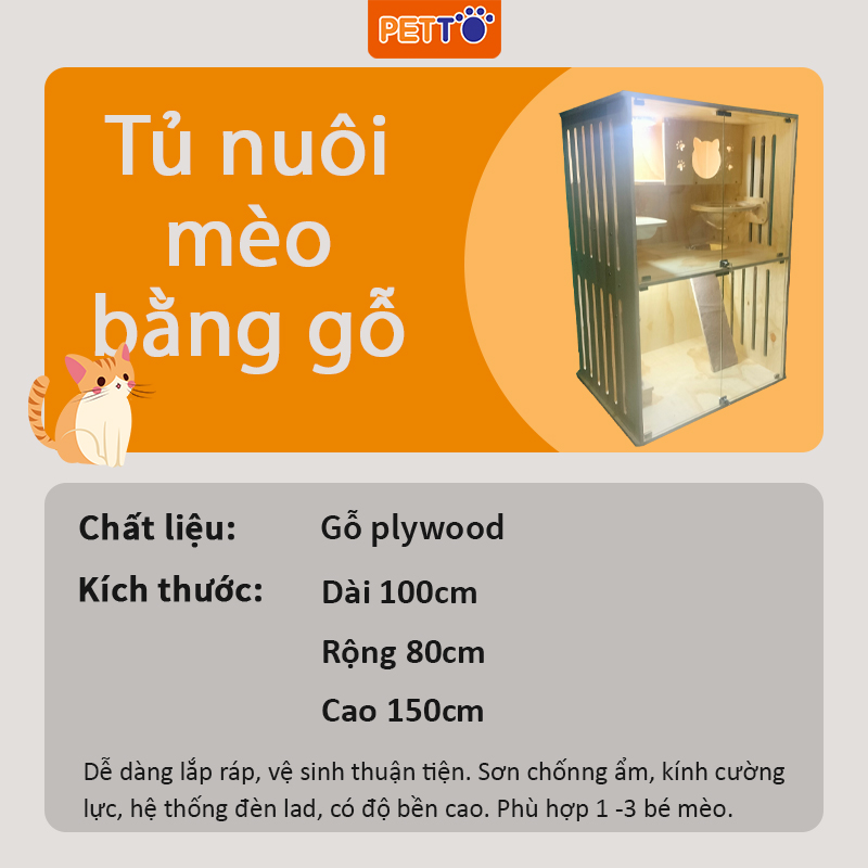 Chuồng cho mèo PETTO 2 tầng bằng Gỗ Chuồng mèo thiết kế hiện đại gỗ CAO CẤP nhiều không gian vui chơi CC060