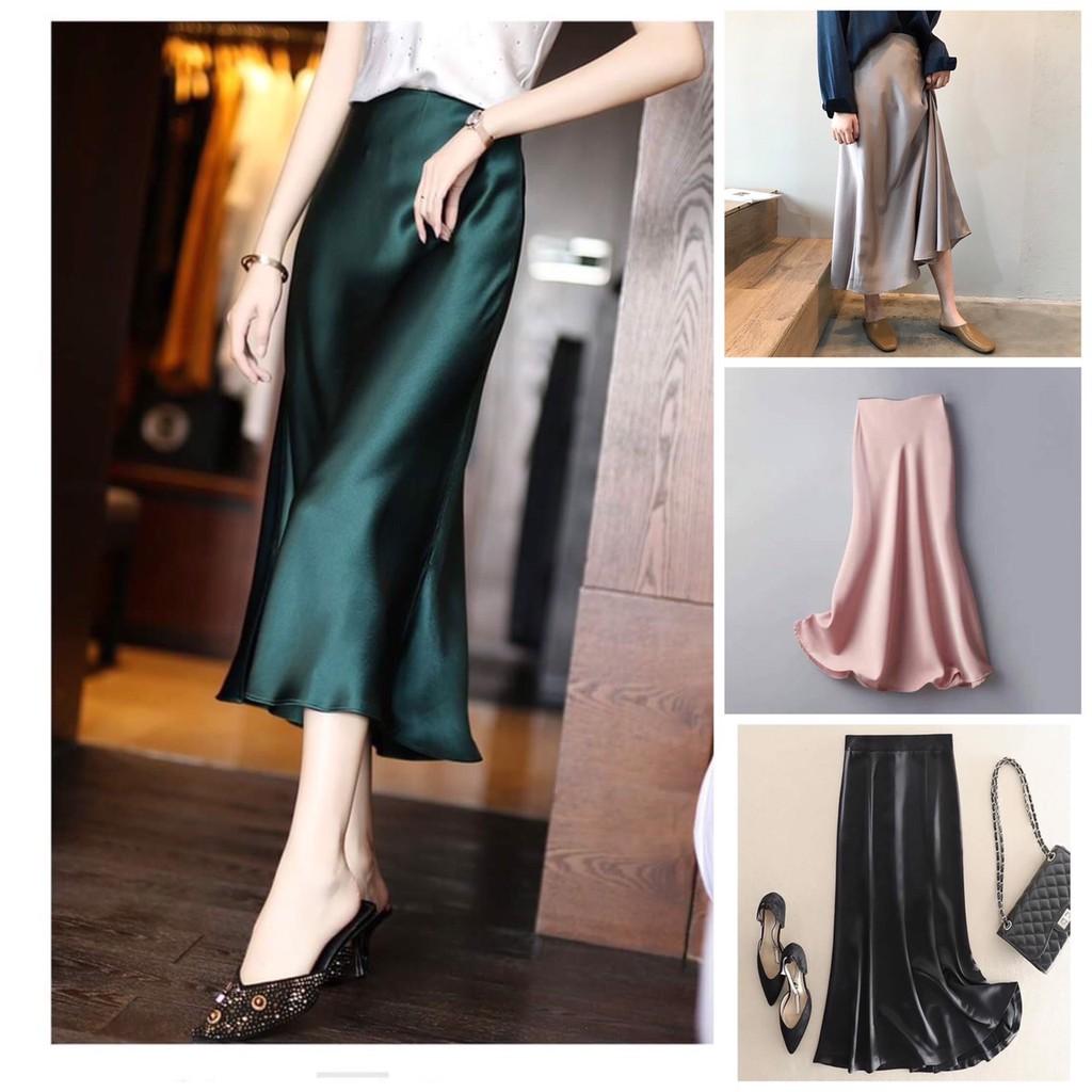 Chân váy lụa dáng dài cao cấp chân váy đẹp chất lụa nhẹ mát sang chảnh 4 màu,  thời trang Banamo Fashion 571