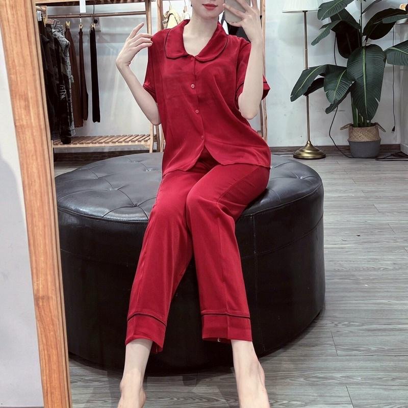 Bộ đồ ngủ Pijama lụa trơn dài cộc tay cổ sen siêu hot