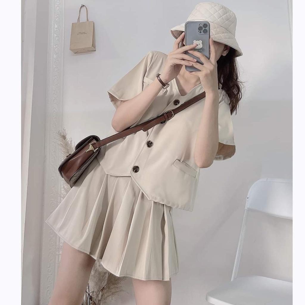 Set áo cộc tay tiểu thư kèm chân váy xếp ly hiện đại ulzzang phong cách Hàn Quốc