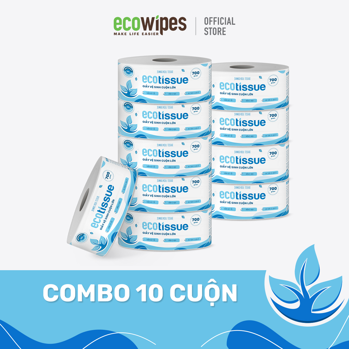 Combo 10 cuộn giấy vệ sinh giấy cuộn cao cấp Ecotissue cuộn lớn 700gr thấm hút tốt mềm mịn an toàn sạch sẽ