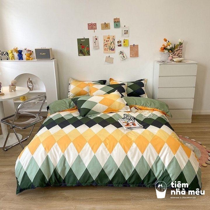 Bộ Chăn Ga Gối Cotton 3D m6/m8/2m - Full size Tiệm Nhà Mêu 2 Vỏ gối ,drap , vỏ chăn Cotton Kẻ Xanh Trắng Nhập Khẩu