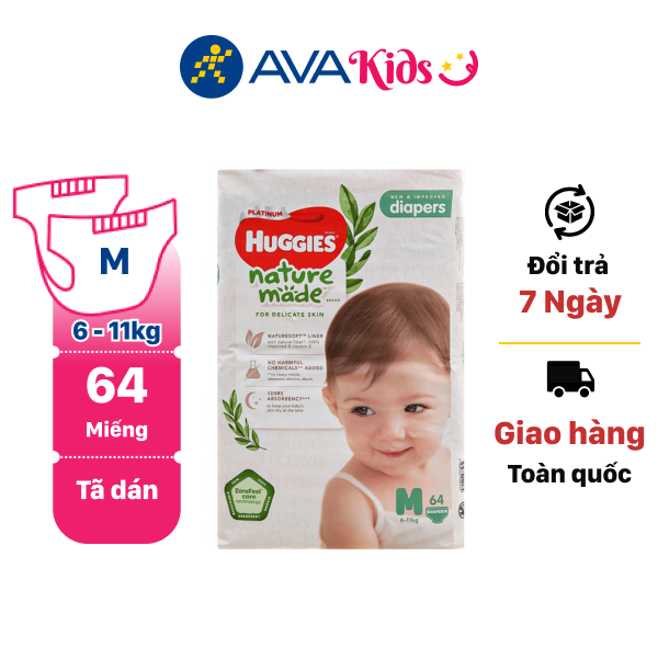 Tã dán siêu cao cấp Huggies Platinum Naturemade M64 (6 - 11 kg)