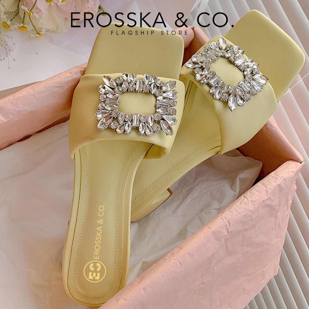 Erosska - Dép cao gót nữ quai ngang đính đá sáng trọng cao 5.5cm - EM096