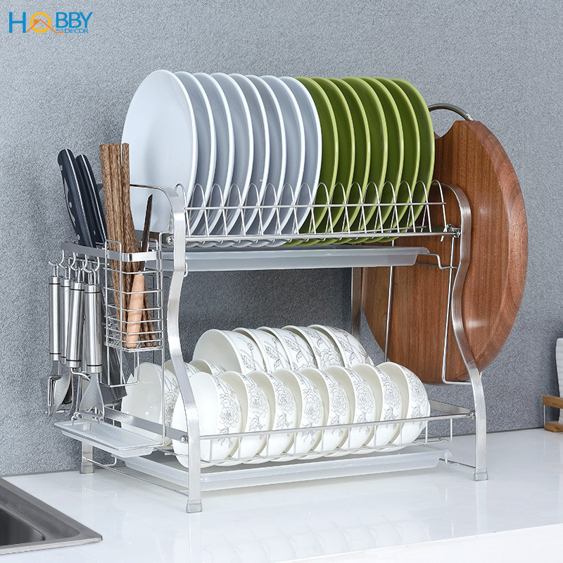 Kệ chén đa năng 2 tầng inox 304 có khay hứng nước Hobby Home Decor KC2M kèm ống đũa và khay thớt