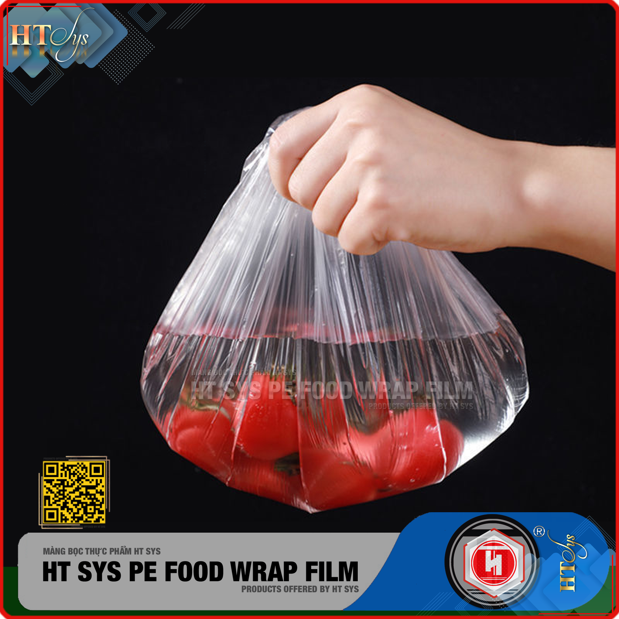 Sét 100 Màng Bọc Thực Phẩm PE Cao Cấp - HT SYS PE FOOD WRAP FILM - Túi Bọc Thực Phẩm Bo Chun Co Giãn  - An Toàn Vệ Sinh Thực Phẩm - [Tặng Kèm Túi Đựng và Móc Dán Đa Năng]