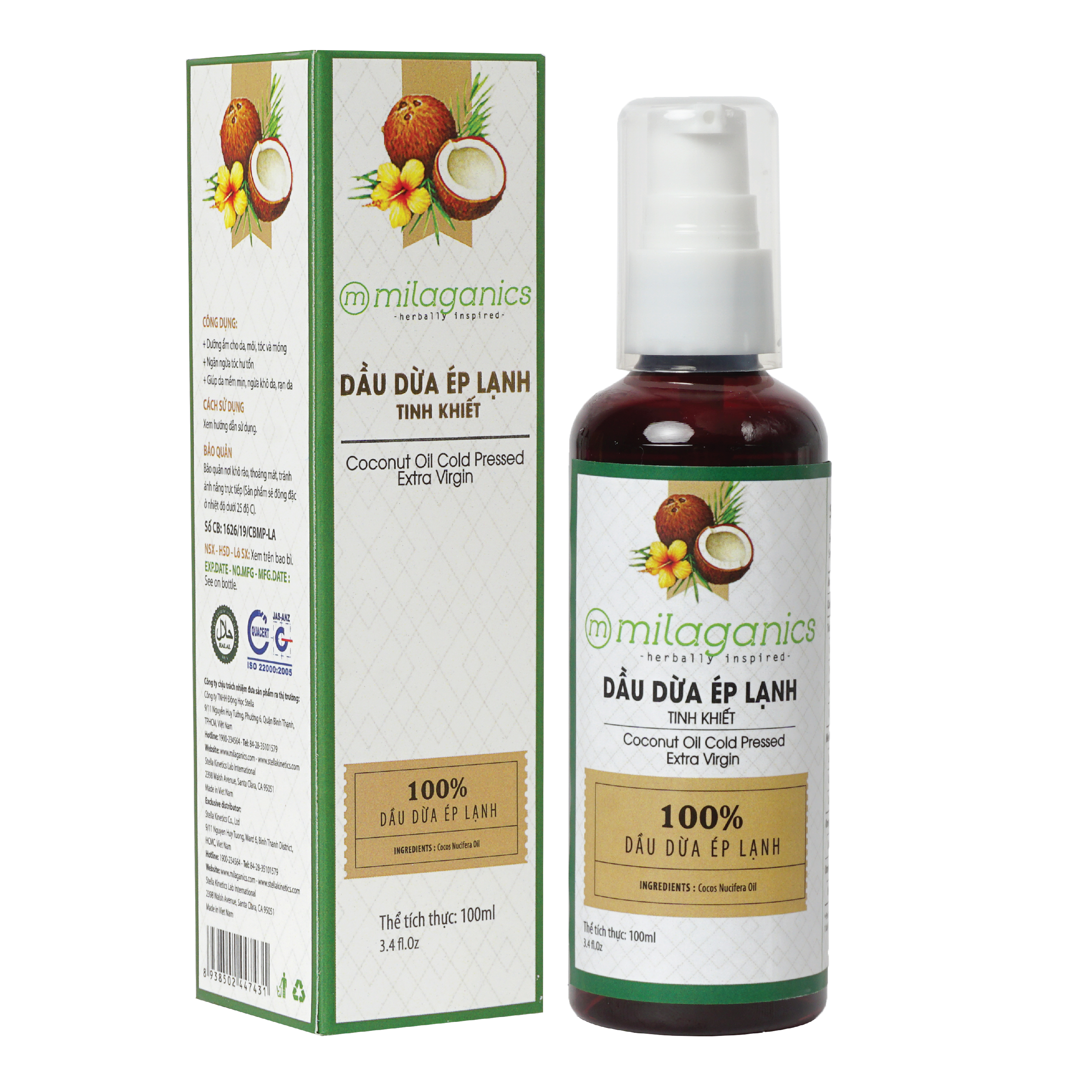 Dầu Dừa Ép Lạnh Tinh Khiết Nguyên Chất Dưỡng Da - Tóc - Môi MILAGANICS 100ml (Chai)