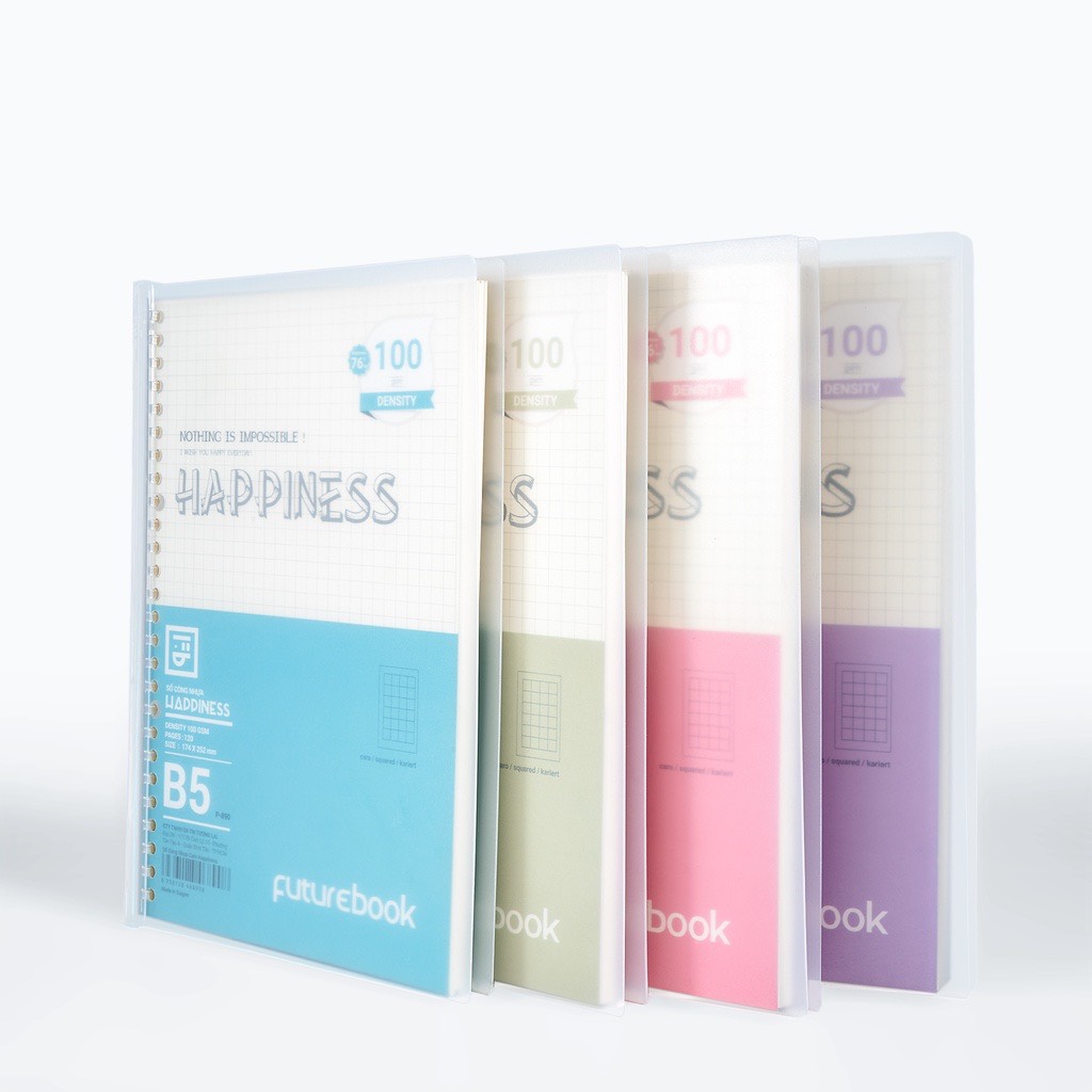 FUTUREBOOK-Sổ Còng Nhựa Happiness B5 26Chấu-120 Trang-Định Lượng 100Gsm.Dòng kẻ CARO . MÃ SP B890
