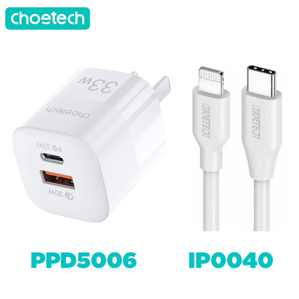 Bộ Củ Sạc Nhanh 33W Cho iPhone iPad CHOETECH PD5006 Và Cáp Type C to Lightning IP0040 Chứng Nhận MFI Dài 1.2M - Hàng Chính Hãng