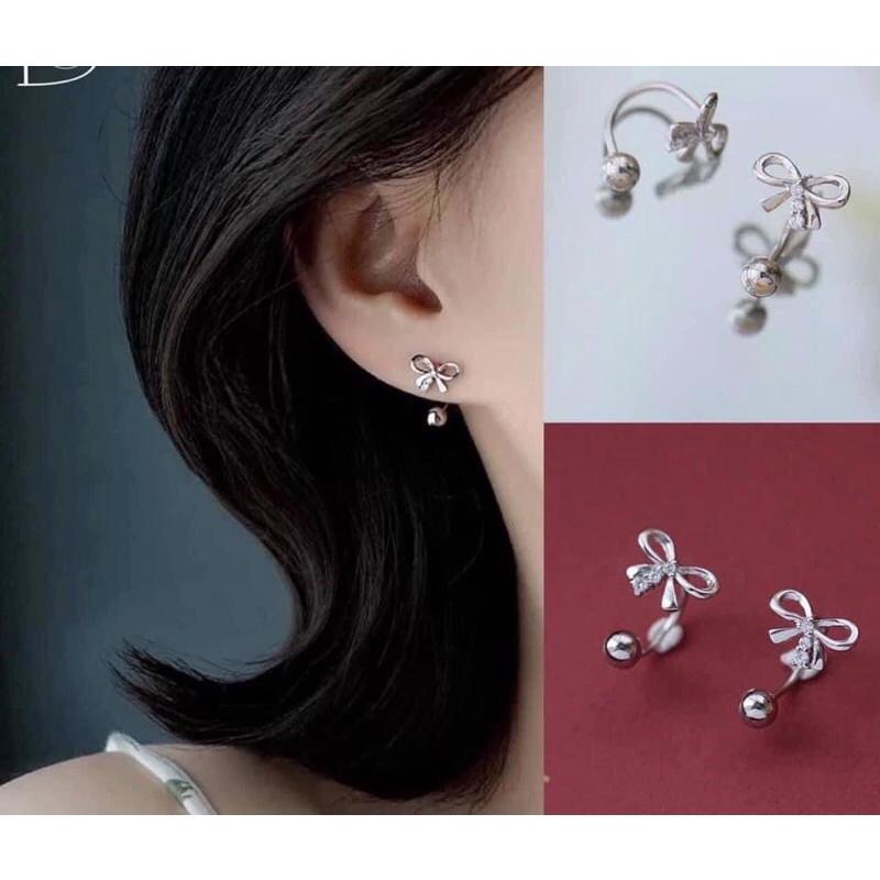 Bông tai bạc-Khuyên tai bạc hình nơ dáng cong điệu đà nữ tính BẠC CHUẨN