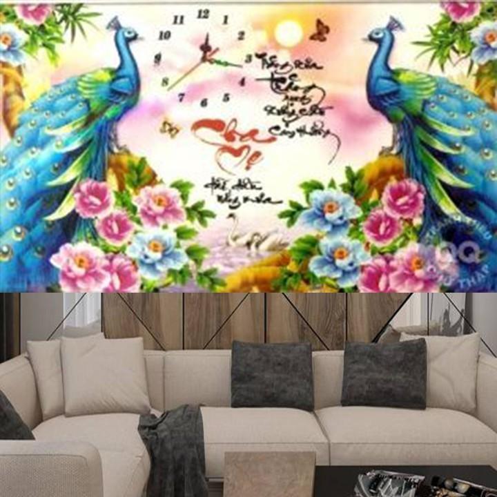 Tranh thêu cha mẹ công xanh đồng hồ LV3390 - kích thước: 80 * 50cm.