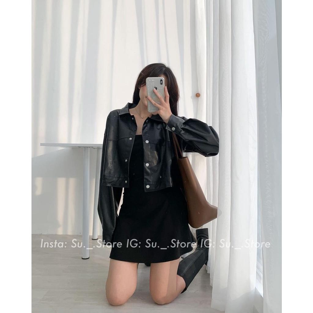 ÁO KHOÁC DA DÁNG CROPTOP DÀI DAY CÚC BẤM HACK DÁNG