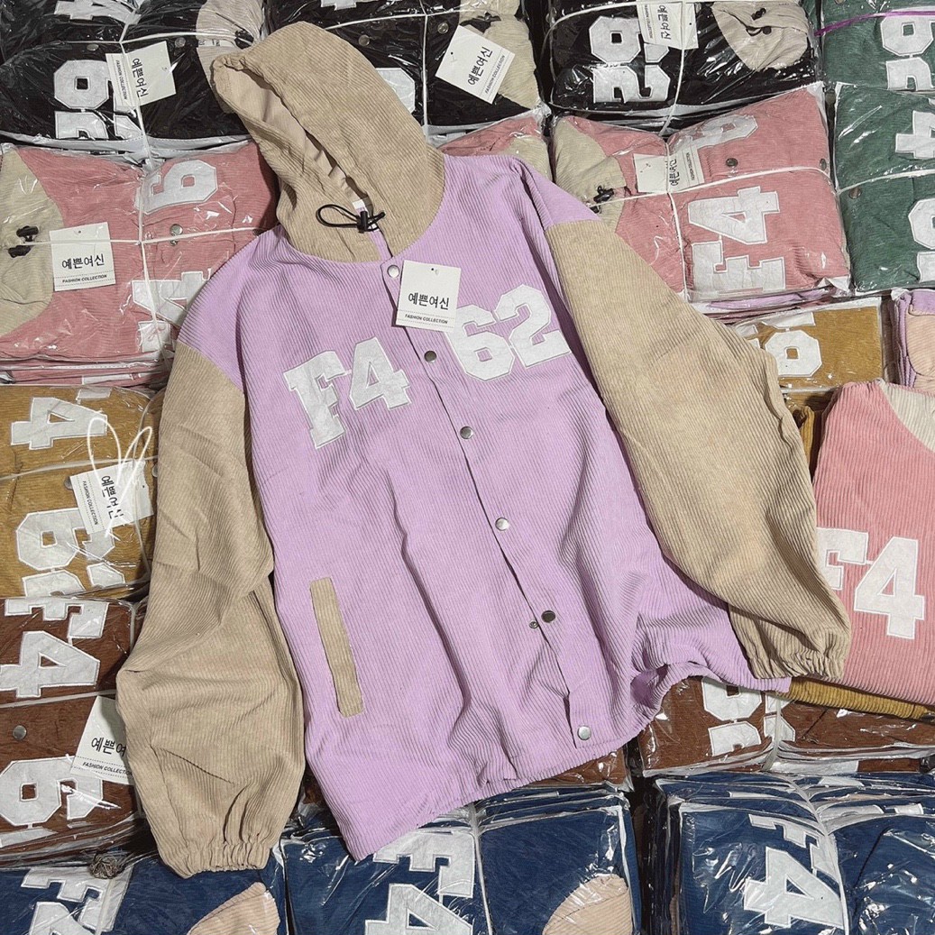 Áo Khoác Nhung Kaki Kiểu Bomber Unisex Có Nón Mũ Thêu F462 Nút Bấm - Nam Nữ Teen hàn Quốc Mặc Đẹp